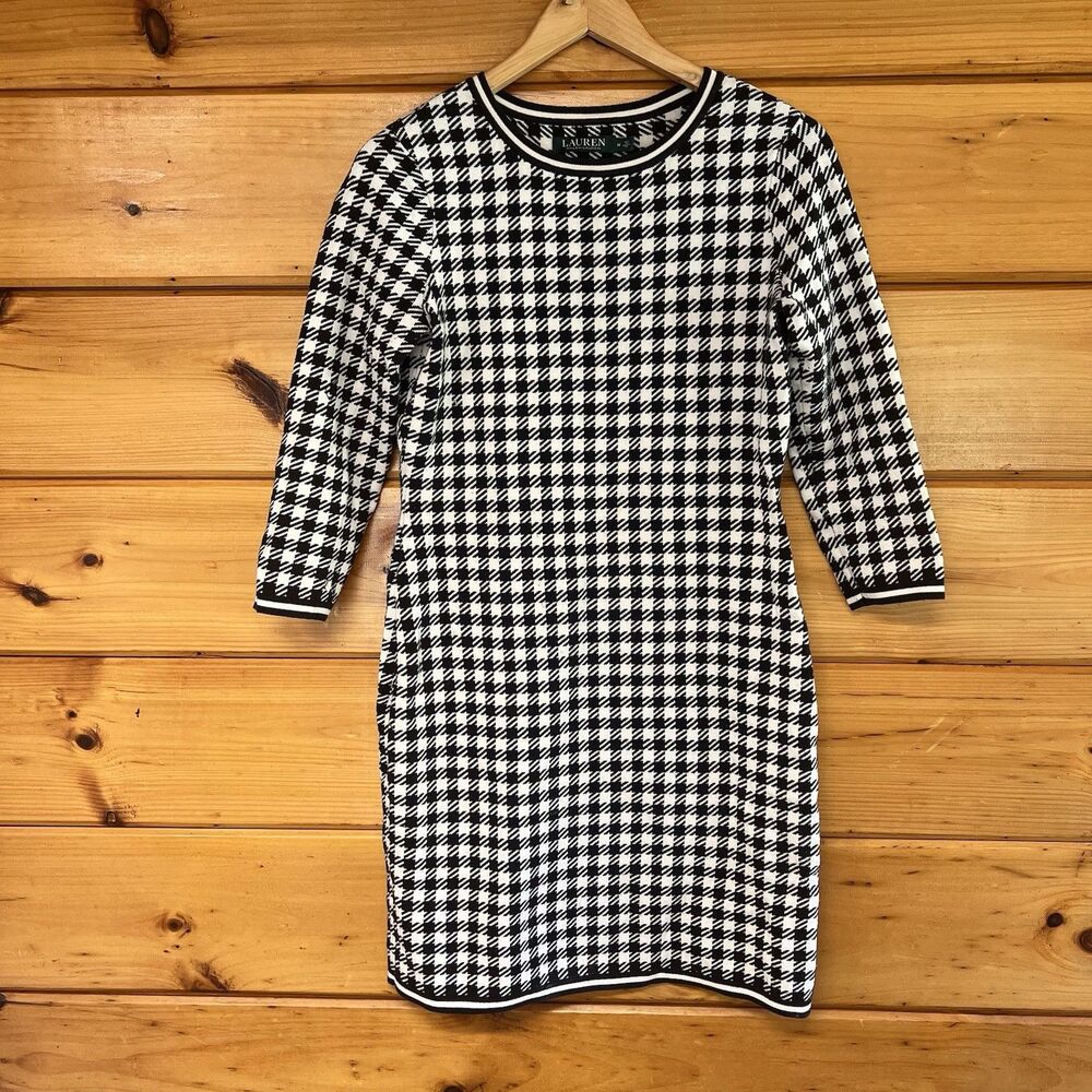 Lauren Ralph Lauren Sweater Dress Size M Houndstooth Plaid Academia Knit